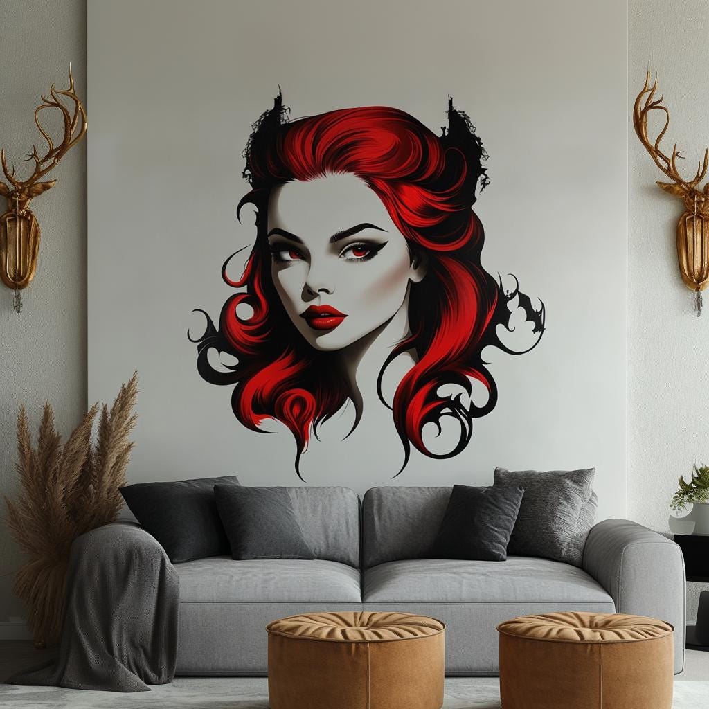 Gothic Vampire Wall Decal featuring fiery red hair, piercing eyes and bat inspired curls for gothic bedroom, Halloween decor,