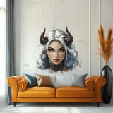 Demon Girl Wall Decal featuring white hair, blue eyes and curved horns for gothic bedroom, gaming setup, studio or