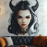 Dark Fantasy Horned Character Wall Decal featuring a dark fantasy horned character portrait with contrasting black, white and red details