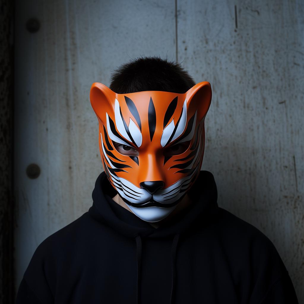 Tiger Shinobi Cosplay Mask featuring feline stripes, pointed ears and samurai inspired contours