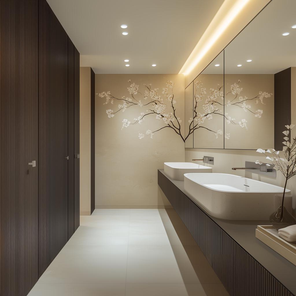 Elegant bathroom featuring a cherry blossom wall decal, creating a serene and sophisticated atmosphere.