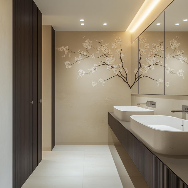 Elegant cherry blossom wall decal in modern bathroom, bringing serenity and sophistication to the decor.