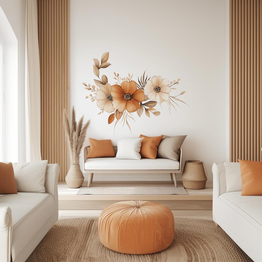 Boho Floral Wall Decal featuring warm neutral watercolor style blossoms
