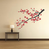 Plum Blossom Wall Decal featuring vivid red flowers, dark branches and calligraphy inspired details