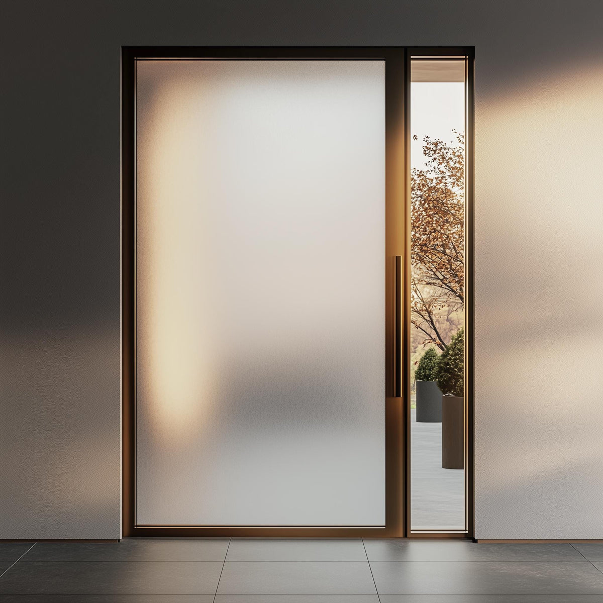 Full frosted glass privacy film creating an even translucent finish on smooth glazing