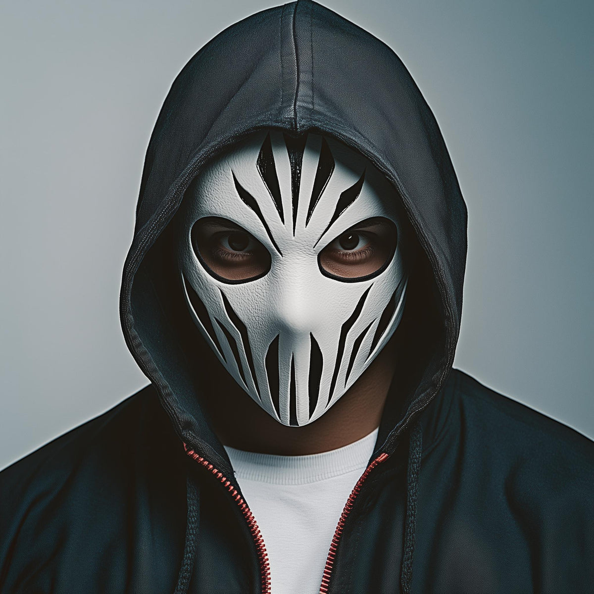 3D printed skull assassin mask with skeletal cheek contours and cyberpunk tactical detailing.