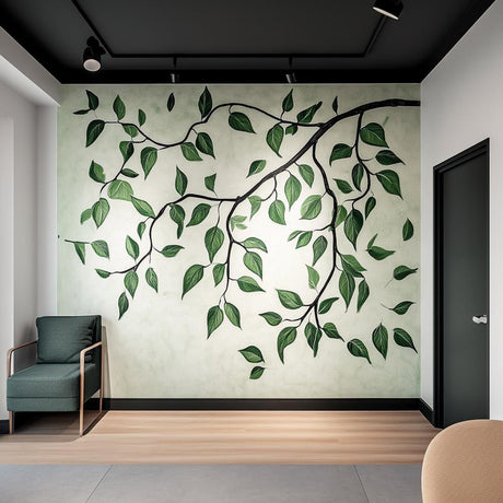 Green Leaf Wall Decal | Large Botanical Vine Mural | Nature-Inspired Vinyl Sticker | Modern Living Room & Office Decor