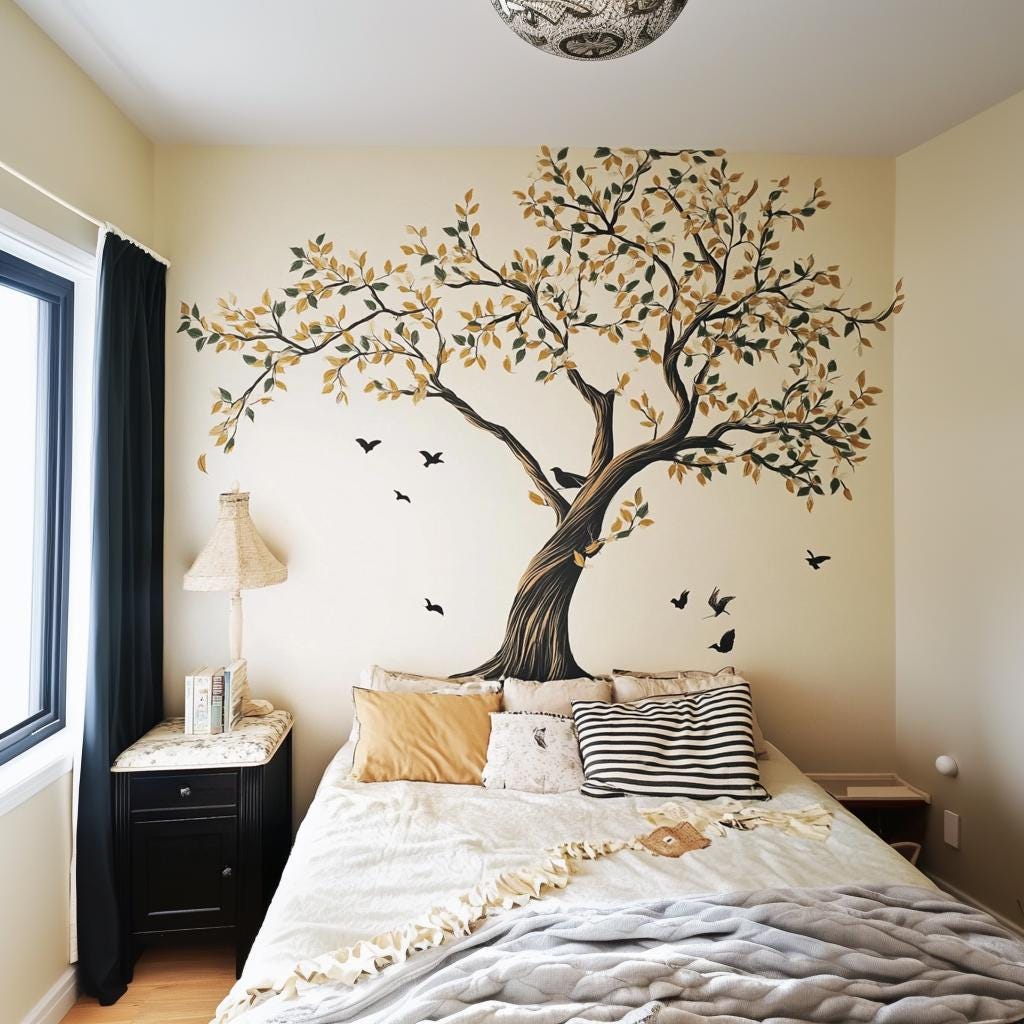Large Botanical Tree Wall Decal featuring a botanical tree with flowing branches, golden autumn leaves and birds in flight