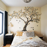 Large Botanical Tree Wall Decal featuring a botanical tree with flowing branches, golden autumn leaves and birds in flight