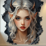 3D Fantasy Elf Wall Decal featuring blue eyes and horn like details appears through a cracked wall opening