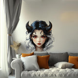 Fantasy Horned Character Wall Decal featuring a fantasy horned character portrait with flowing black and white hair and red accent details