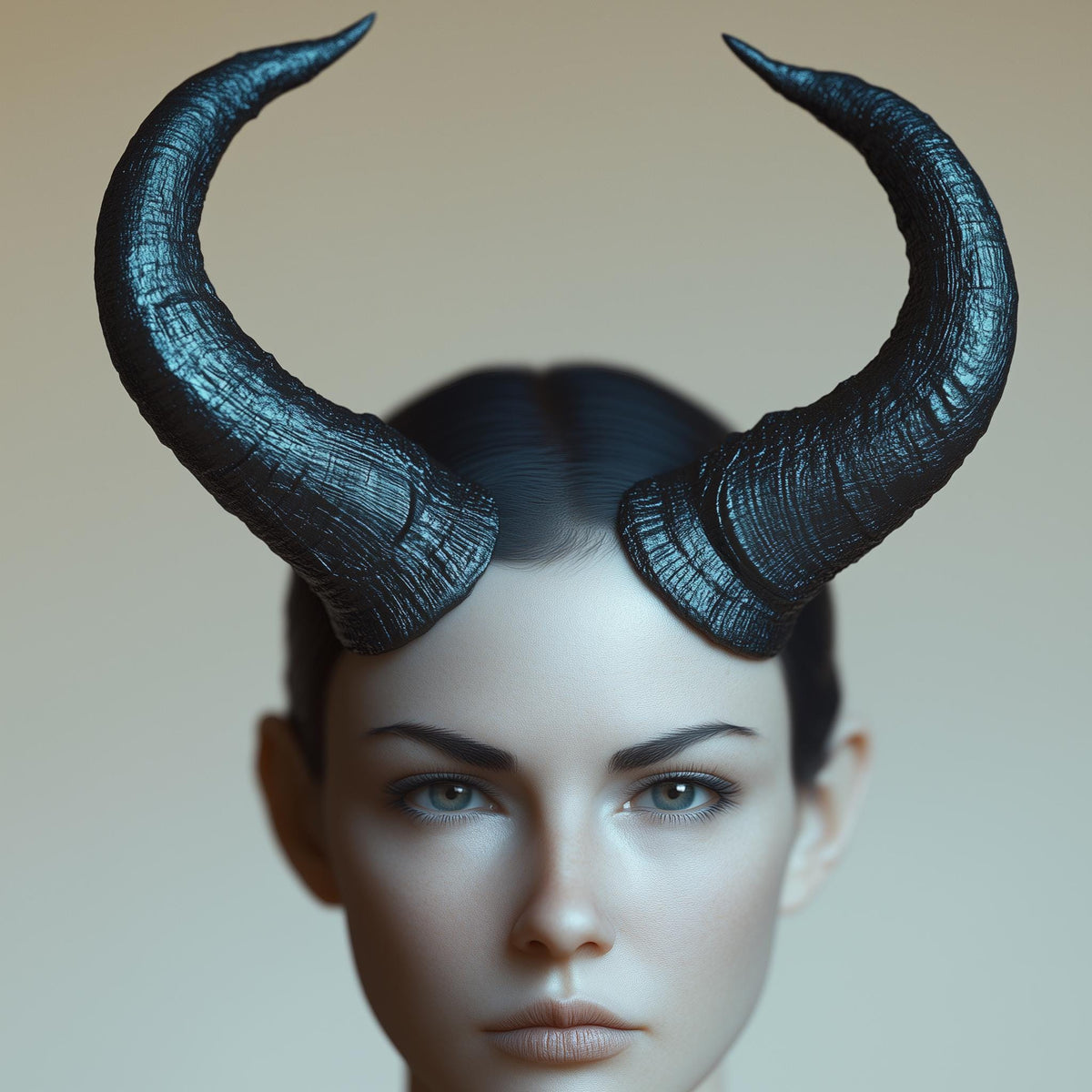 Curved 3D printed costume horns displayed on a model.