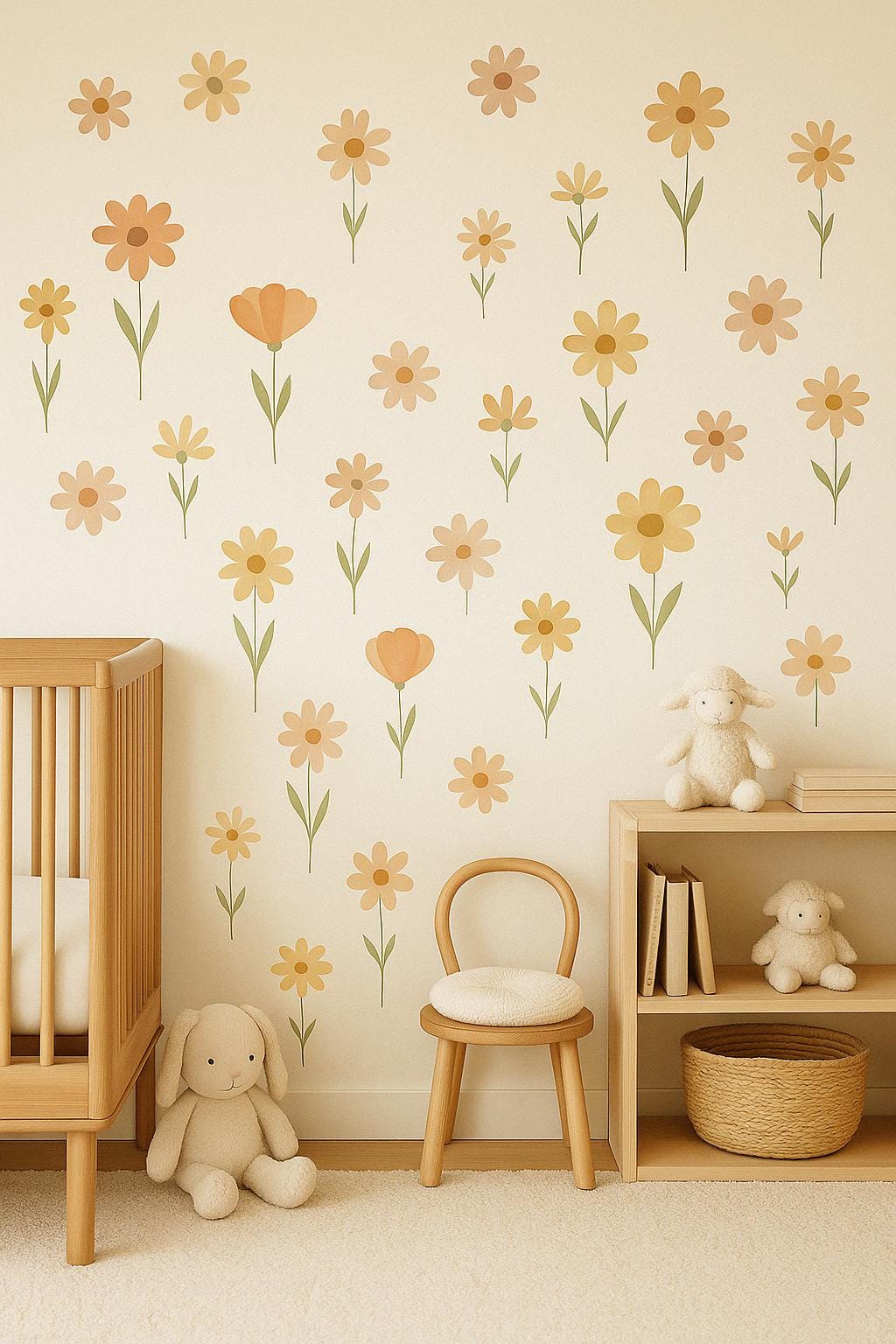 Boho Floral Wall Decals for Nursery featuring soft boho style floral wall decals in neutral tones of peach, beige, and sage