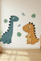 Colorful dinosaur nursery decals showing a diplodocus and T Rex with prehistoric scenery