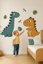 Dinosaur nursery wall decal set with a diplodocus, smiling T Rex and prehistoric scenery