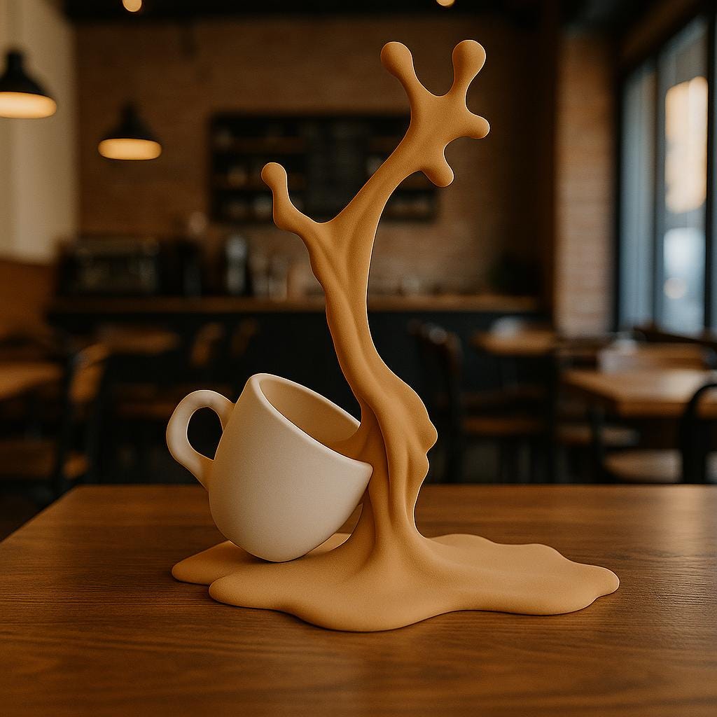 Spilled Coffee Cup Sculpture featuring suspended cup and wide coffee effect base
