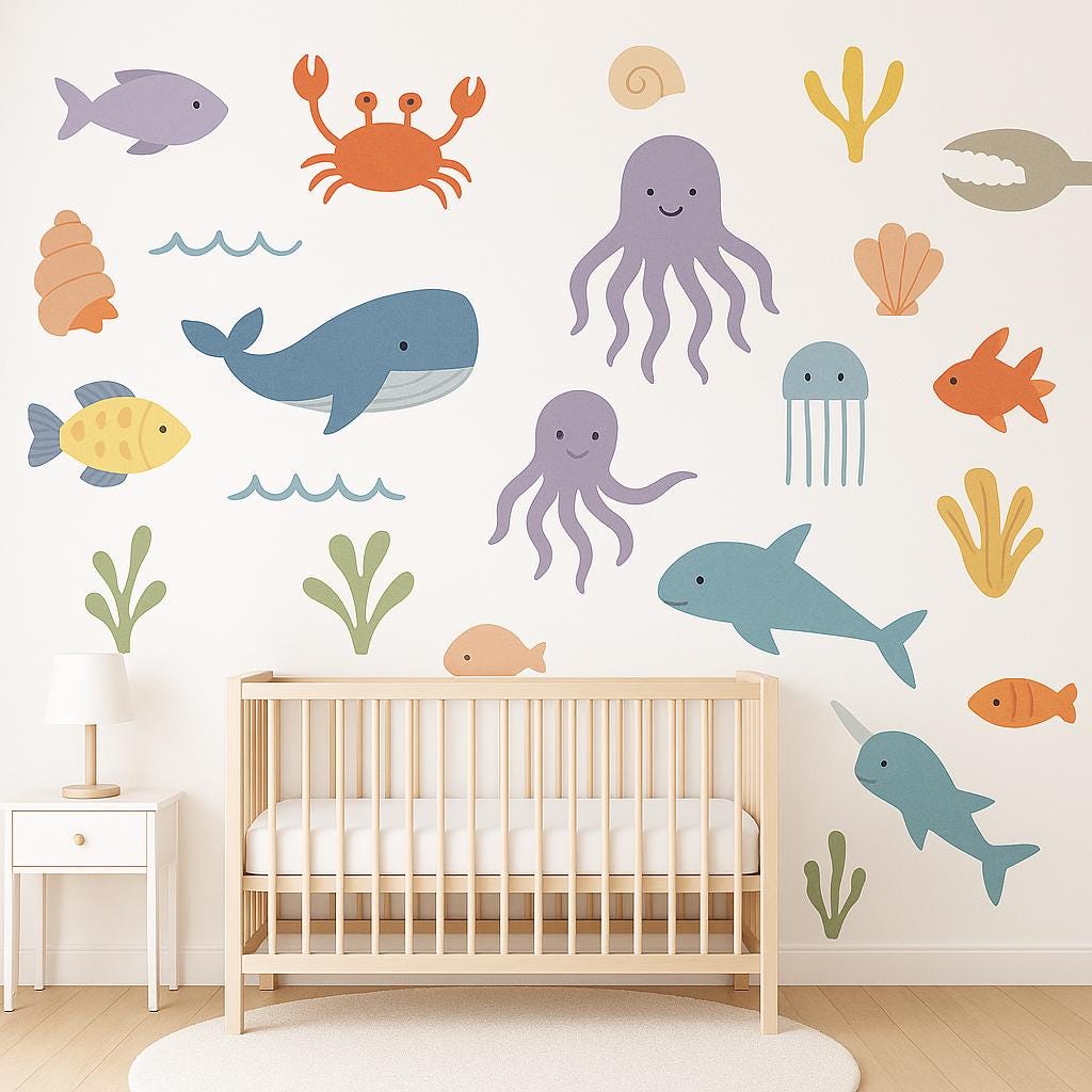 Ocean Animal Wall Decals featuring colorful ocean themed decals including whales, octopuses, fish, jellyfish, coral