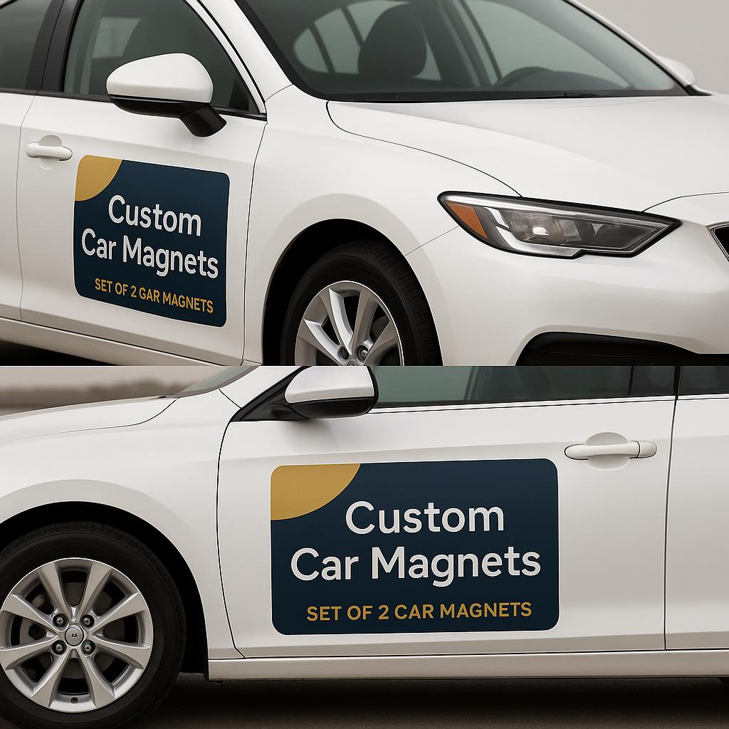 2x Custom Car Magnet shown on a vehicle.