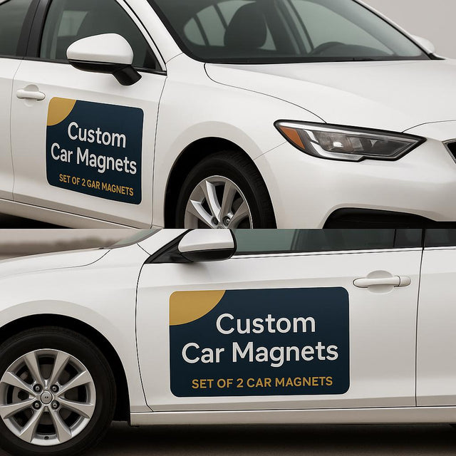 2x Custom Car Magnet shown on a vehicle.