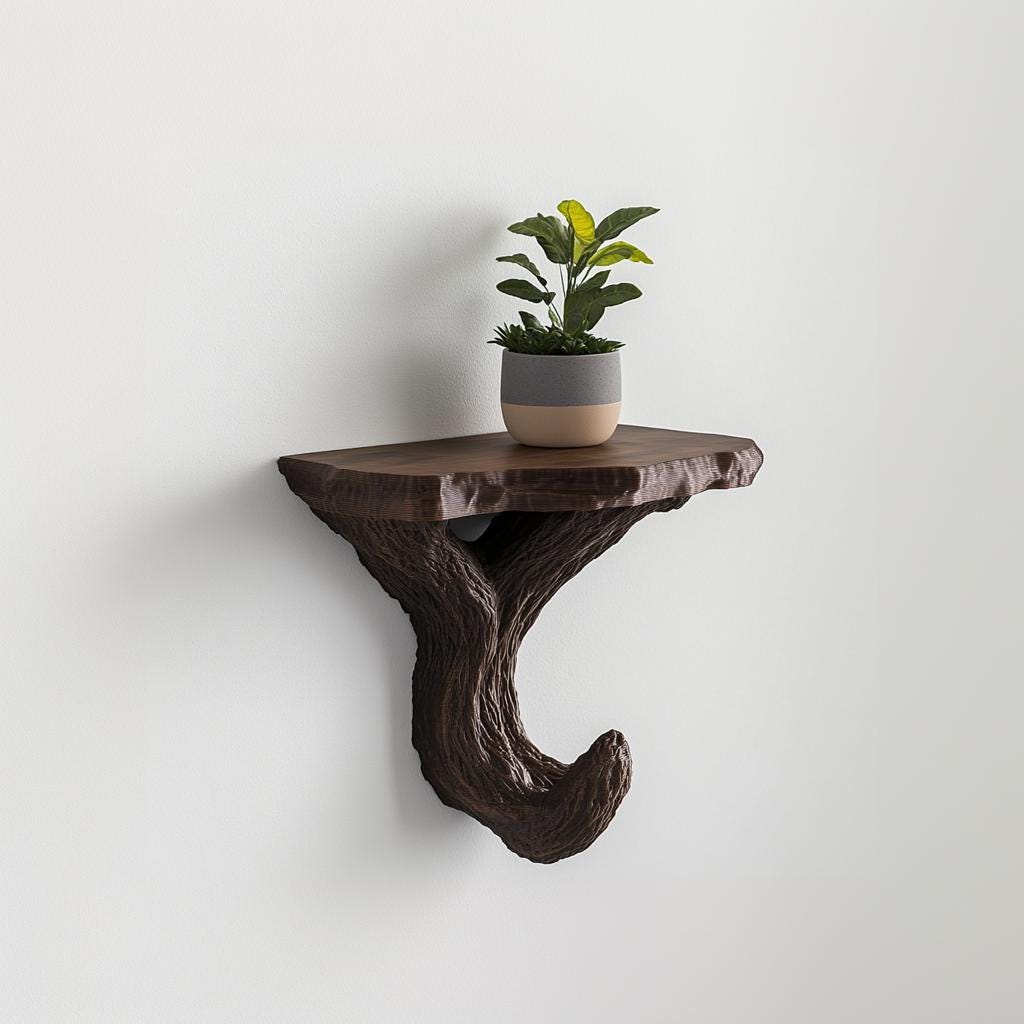 3D printed black branch wall shelf with branching tree supports, mounted as a floating ledge for a small plant