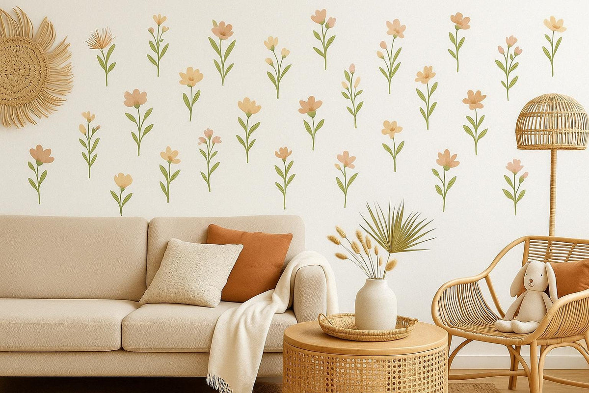 Flower Wall Decals featuring soft pastel flower decals in peach, blush, and yellow tones