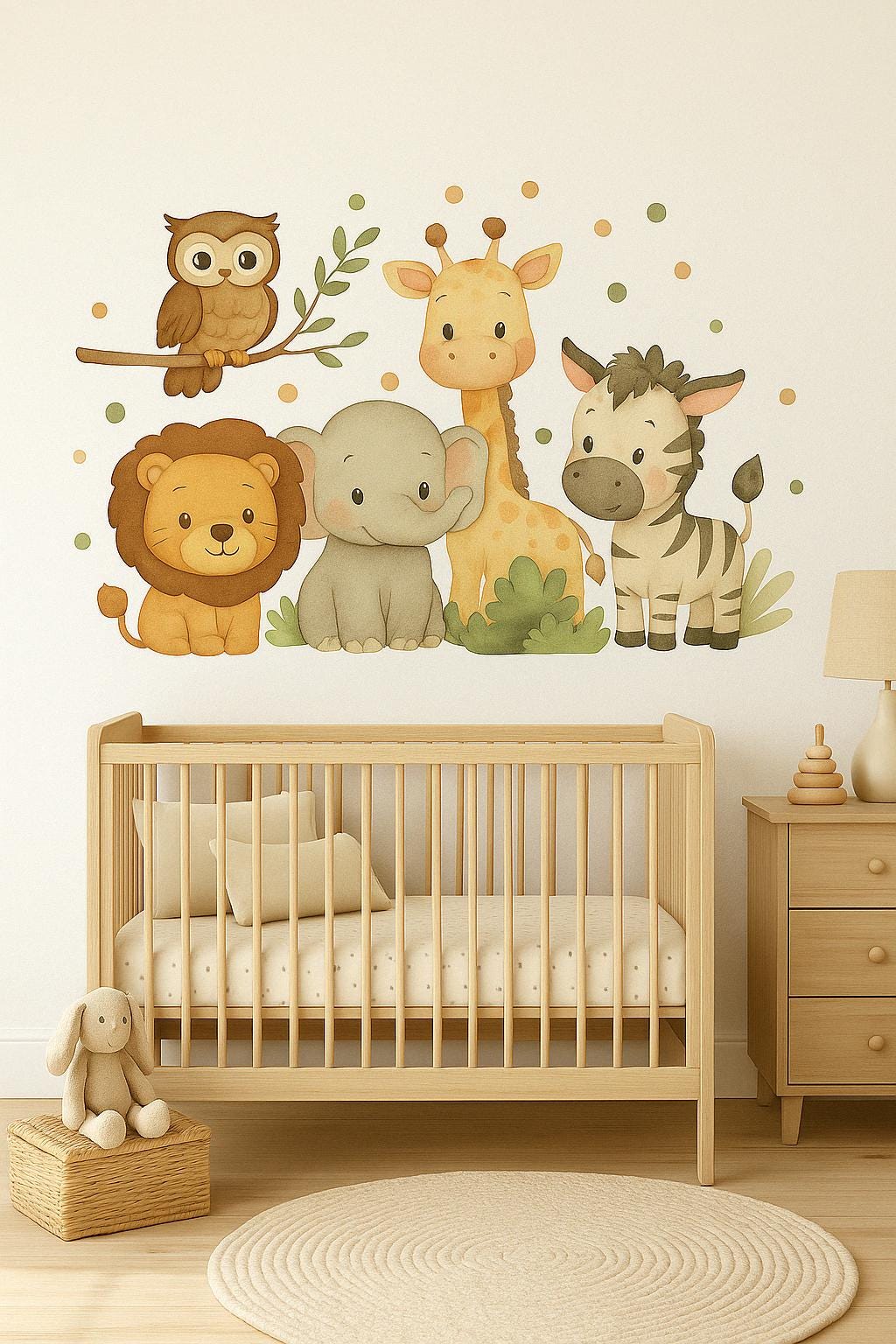 Safari Animal Wall Decal featuring a wooden crib and a large safari themed wall decal featuring a lion, elephant, giraffe,