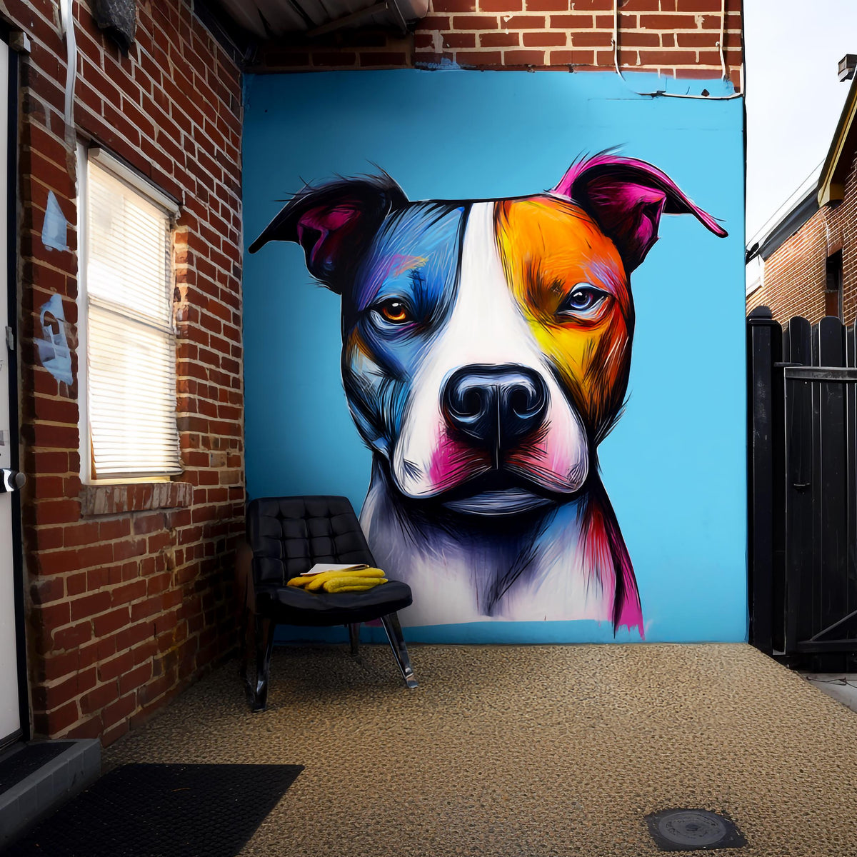Colorful Pitbull wall decal on a blue background in a modern urban setting, showcasing vibrant brush-style art.