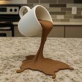 3D printed floating coffee cup illusion with a pouring stream connecting the cup to the base.