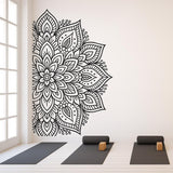Half mandala wall decal in a yoga studio, enhancing serenity with a boho design and meditation atmosphere.