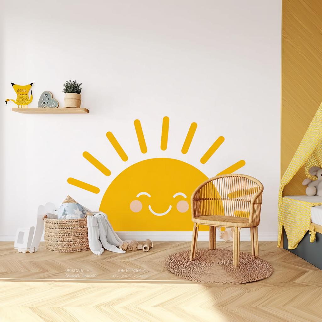 Smiling sun wall decal in a cheerful nursery, brightening the space with warmth and joy.