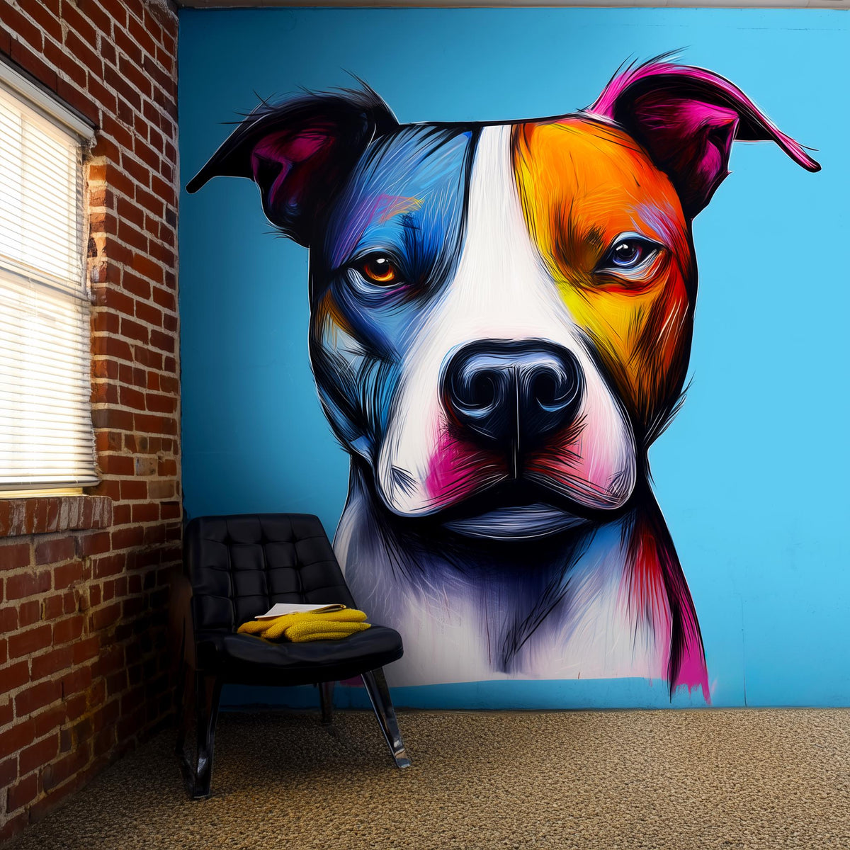Colorful Pitbull wall decal featuring vibrant street art style on a blue background with modern decor.