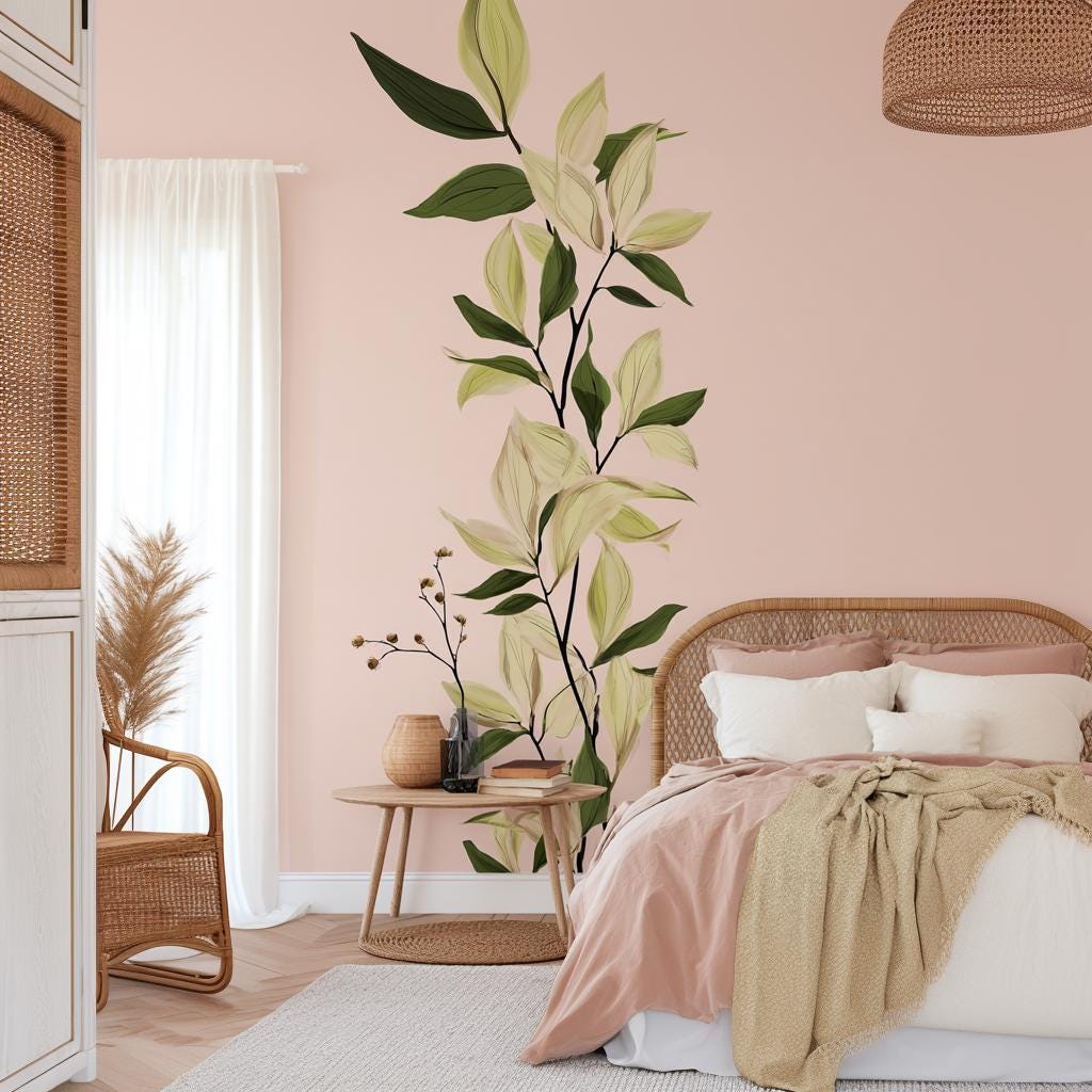Printed vinyl wall artwork showing a tall vertical vine with botanical leaves