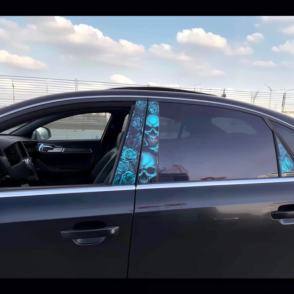 Alternate product view of Blue Skulls Car B-Pillar Decals.