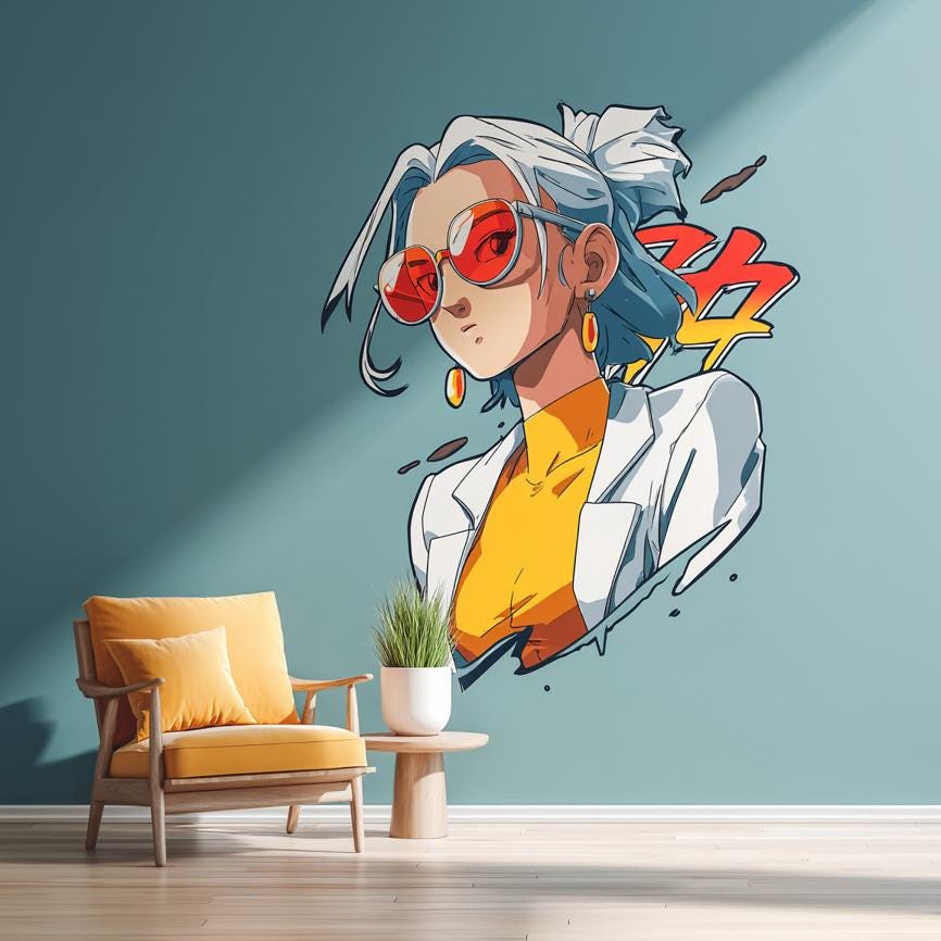 Anime Girl Wall Decal featuring an anime girl with sunglasses, earrings and a white jacket