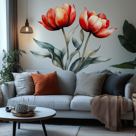 Red Tulip Wall Decal featuring two red watercolor tulips with soft green foliage