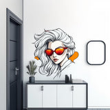 Printed vinyl wall artwork showing a white haired anime woman wearing orange sunglasses
