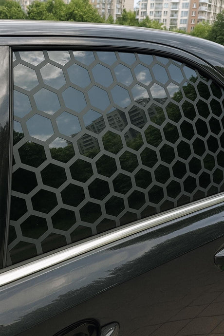 2 Honeycomb Window Decals for Cars featuring two black cut vinyl honeycomb graphics for automotive glass