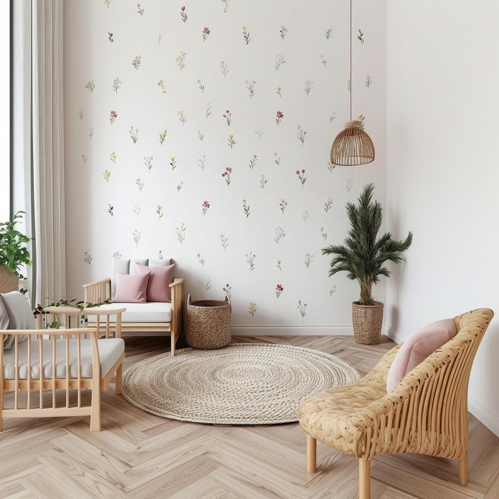 Printed vinyl wall artwork showing individual pastel watercolor wildflowers for a nursery wall