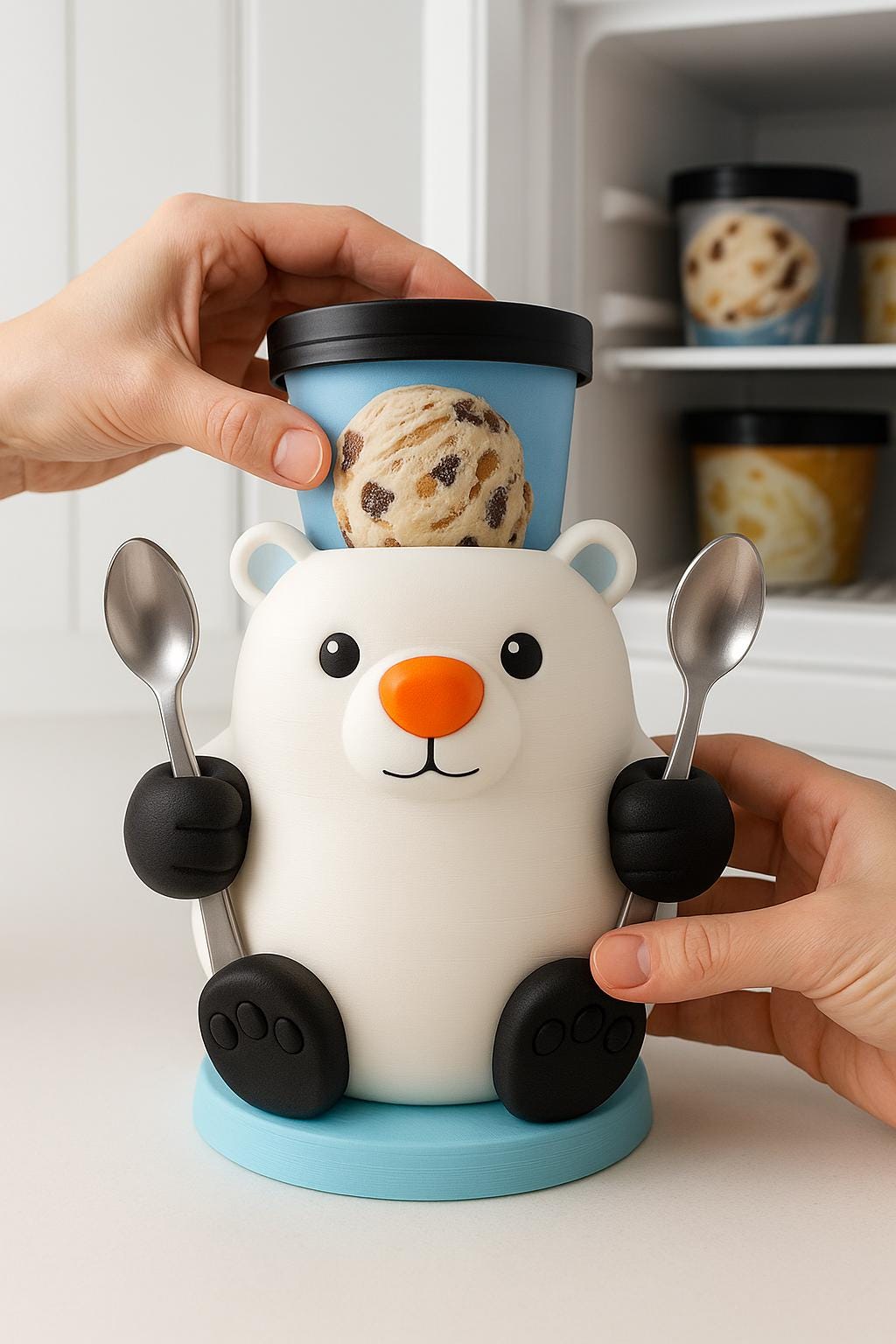 A 3D printed polar bear ice cream holder with a bright orange nose, holding two metal spoons in its paws.