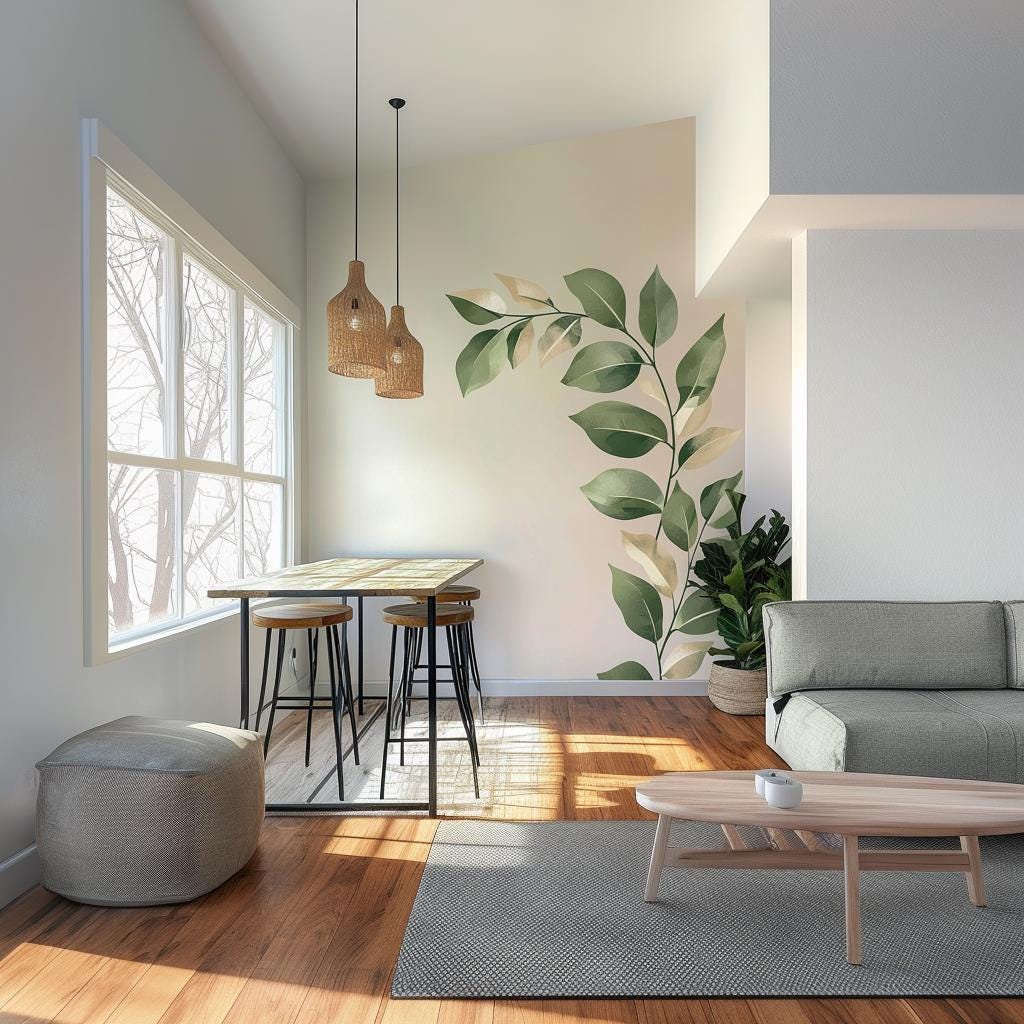 Printed vinyl wall decoration showing a tall botanical vine with leaves