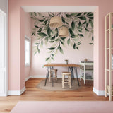 Printed vinyl wall artwork showing large botanical vine leaves without a printed rectangular background