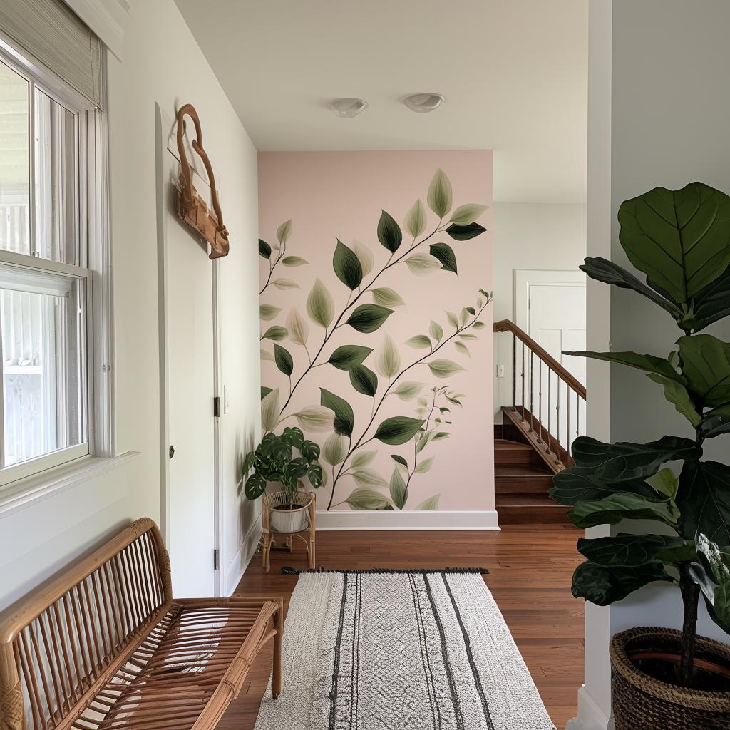Printed vinyl wall artwork showing vertical green vine leaves in a background free composition