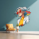 Printed vinyl wall artwork showing an anime girl with sunglasses, earrings and a white jacket