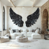 Printed vinyl wall artwork showing a pair of large black detailed angel wings