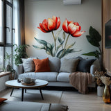 Printed vinyl wall artwork showing two red watercolor tulips with soft green foliage