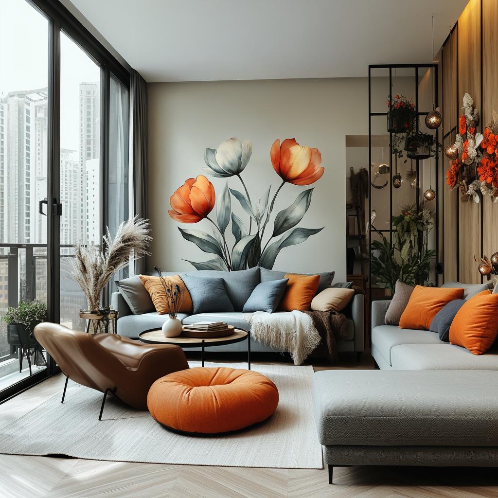 Printed vinyl wall artwork showing three watercolor tulips in orange, red and ivory tones
