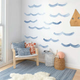 Blue Ocean Wave Wall Decals featuring blue watercolor sea wave stickers arranged in a coastal design