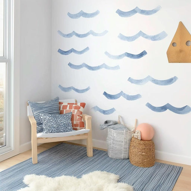 Blue Ocean Wave Wall Decals featuring blue watercolor sea wave stickers arranged in a coastal design