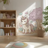 Cute Unicorn Wall Decal featuring a pastel unicorn with a whimsical tree, soft clouds and stars