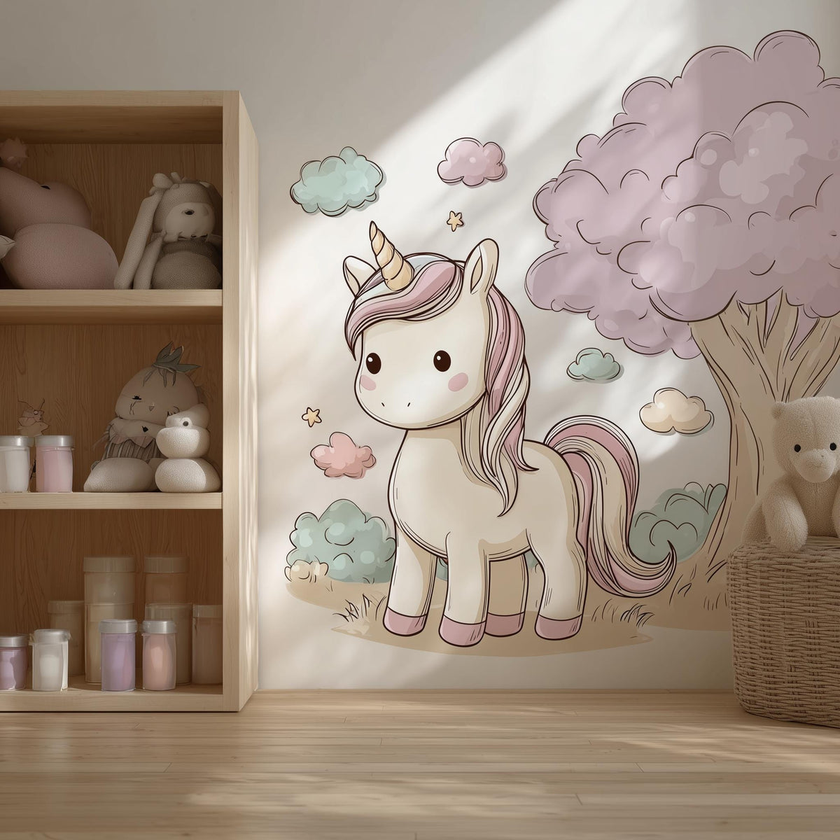 A cozy children’s room with a large wall decal of a pastel cartoon unicorn beside a fluffy pink tree.